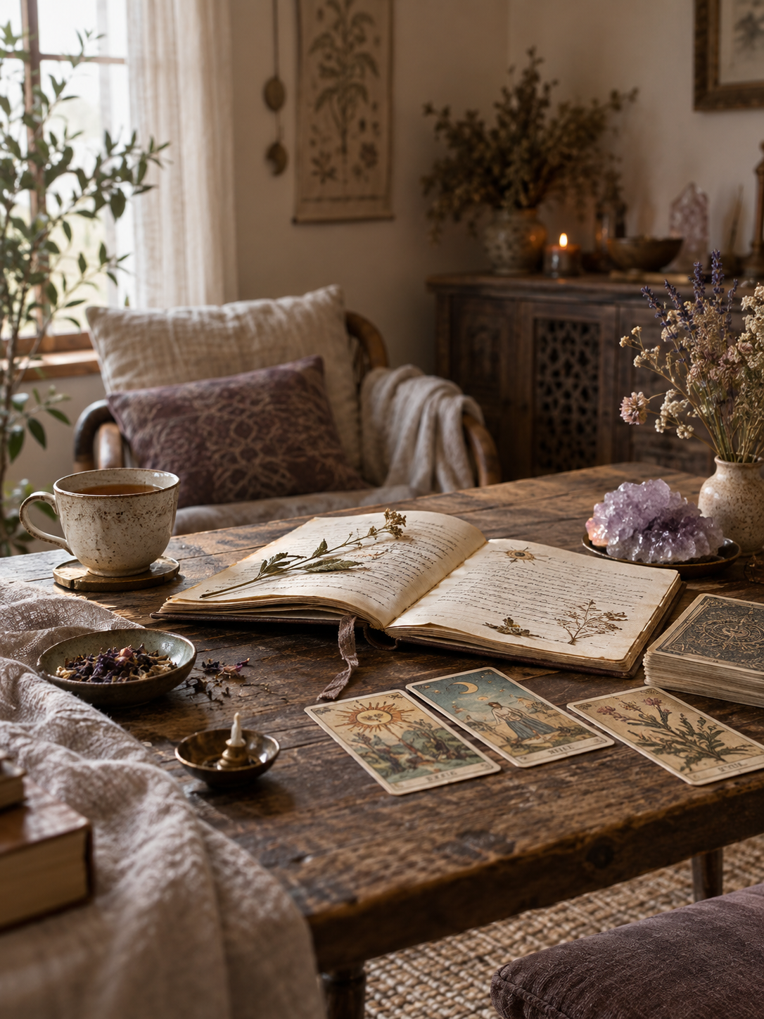 Tarot cards, a journal, tea, and crystals in a peaceful reading space
