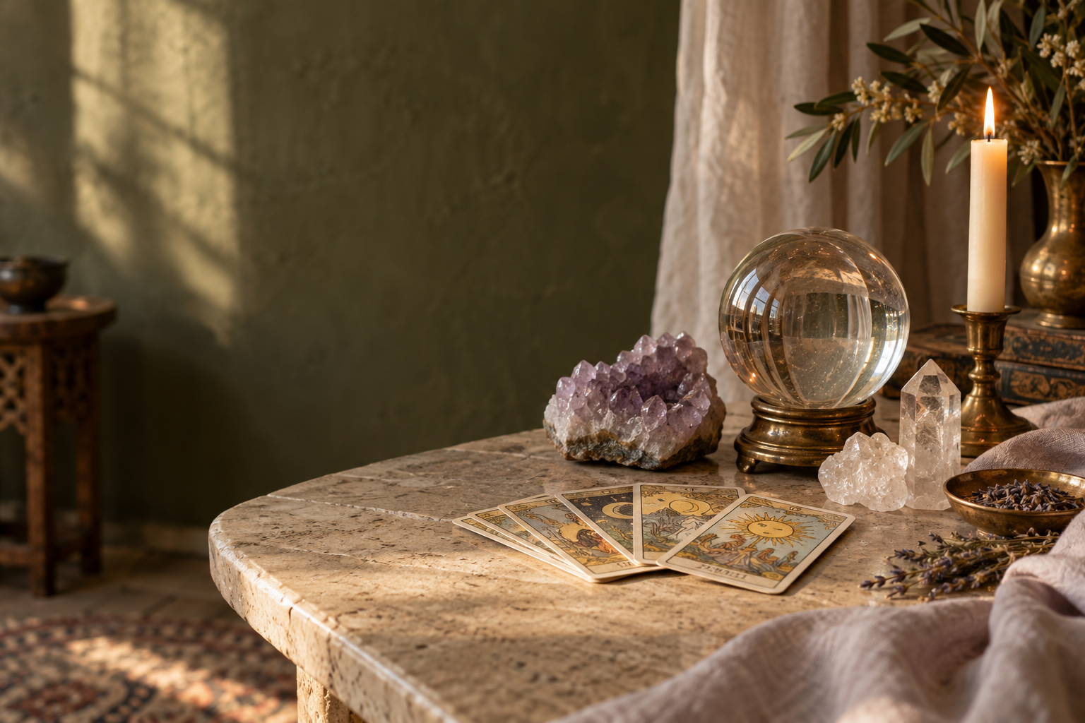 Tarot cards, crystals, a candle, and a crystal sphere arranged in a peaceful reading room
